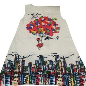 White Colorful‎ Cityscape Balloon Graphic Dress - Size L - Womens Whimsy Unique